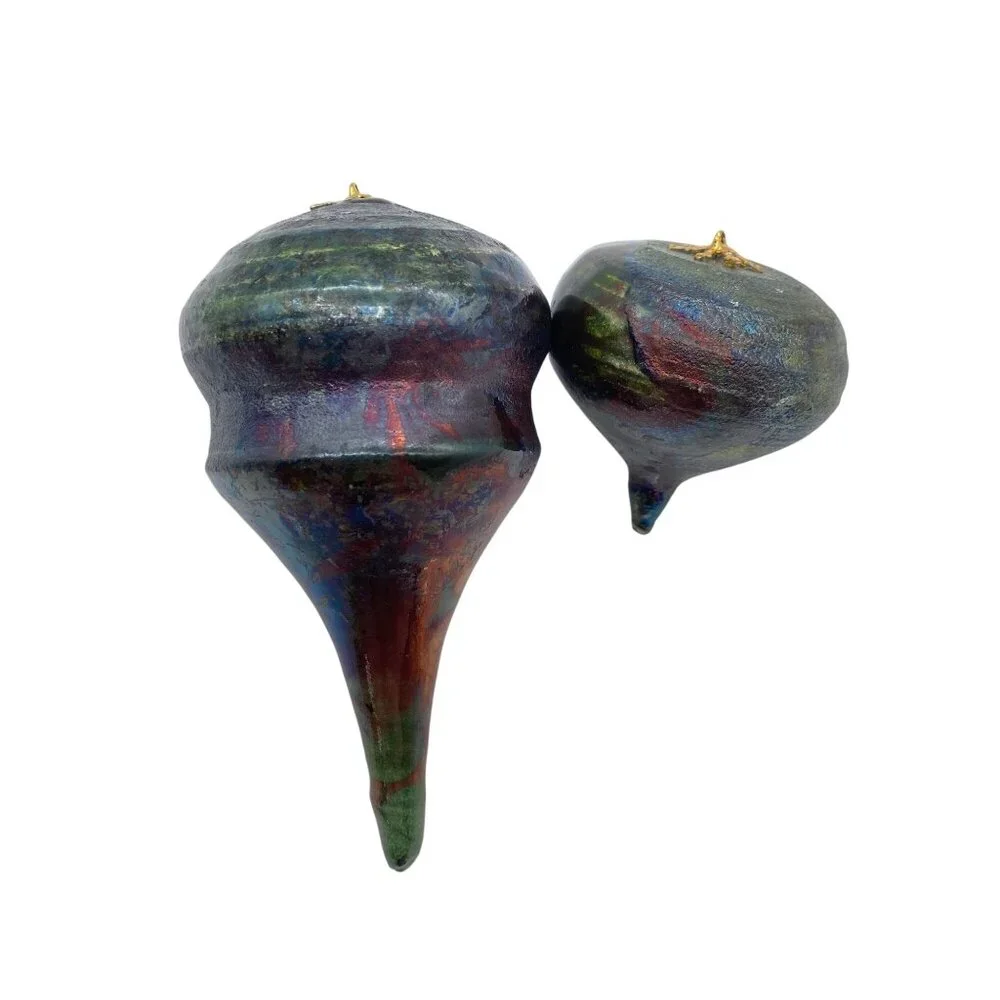Turnip iridescent oil slick Christmas tree‎ ornaments Glass?? spinning top shape